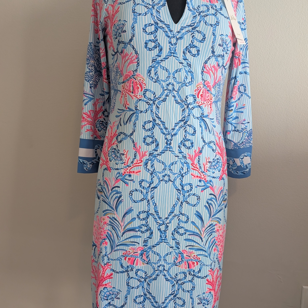 Lilly Pulitzer Blue and Pink Midi Dress with Vibrant Patterns